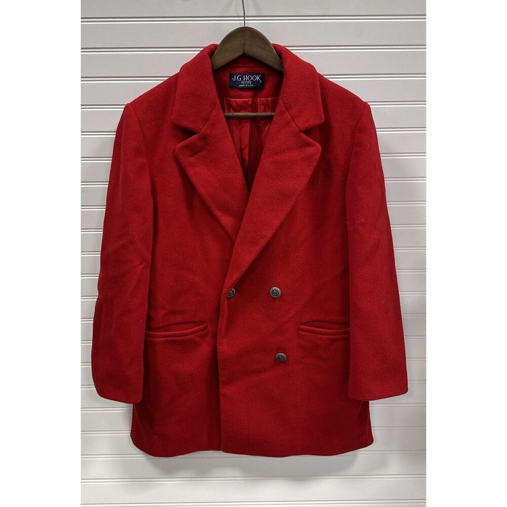 Vintage JG Hook Red Wool Pea Coat Womens Petite M L Double Breasted Made USA